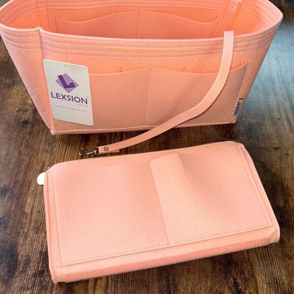 NWT Lexsion designer purse bag organizer w/wristlet detach felt pink tote - Picture 6 of 6